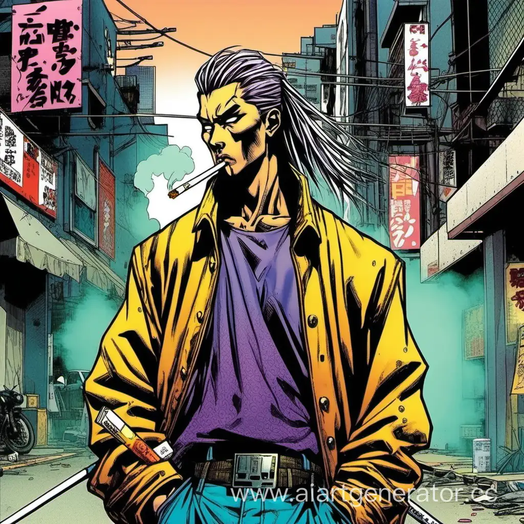 90s comics art, manga art, cyberpunk, street samurai, smoking, cigarettes, colored