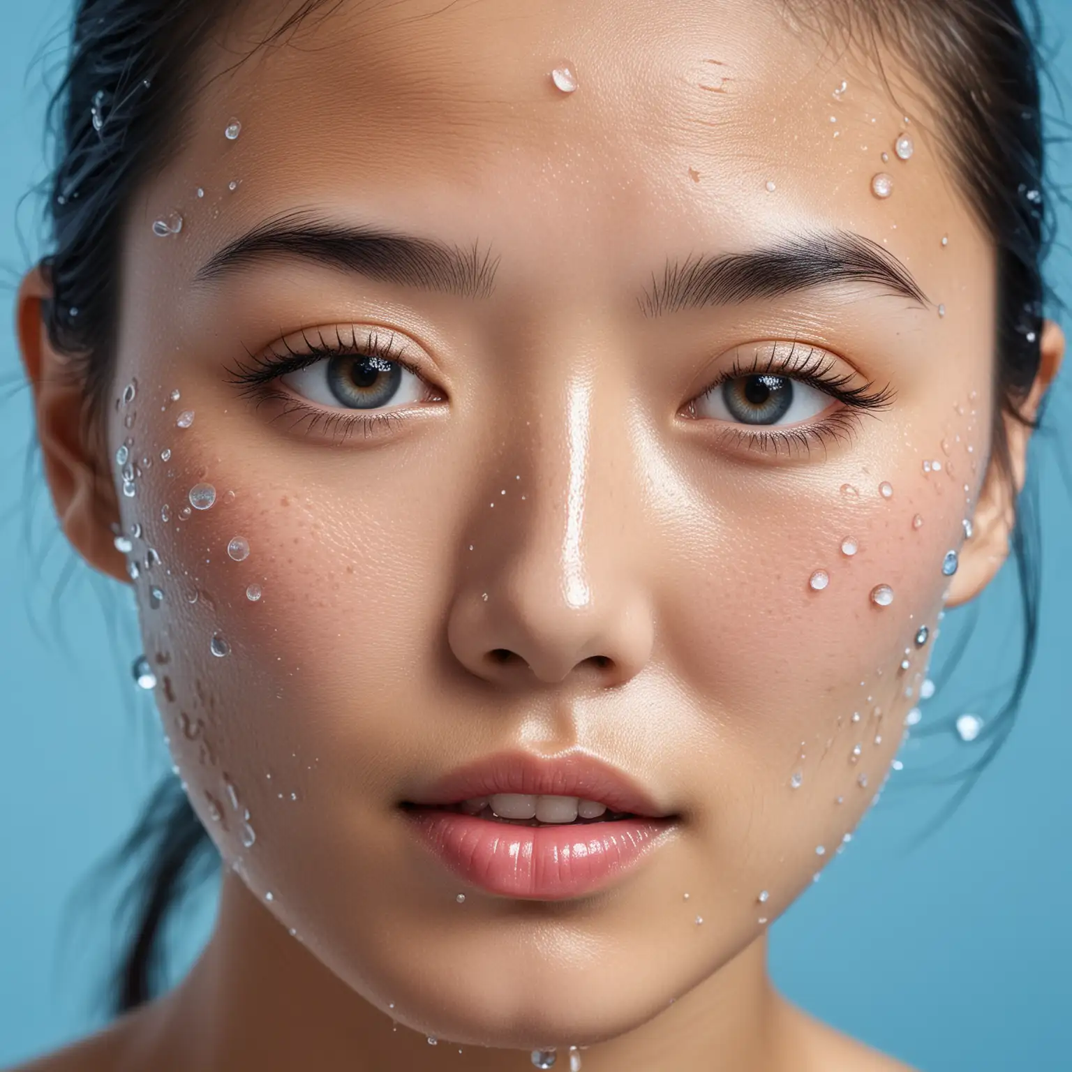 一张充满活力的中国年轻女性脸部特写，背景是清新的蓝色调，脸上有水滴和水波纹图案