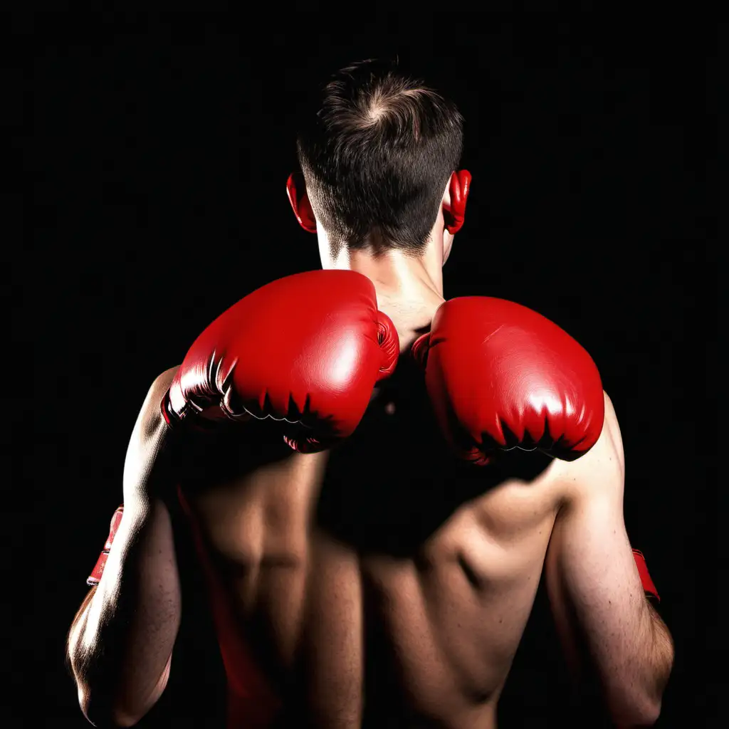 a boxer with red gloves in front of his face, showing his back side, black background