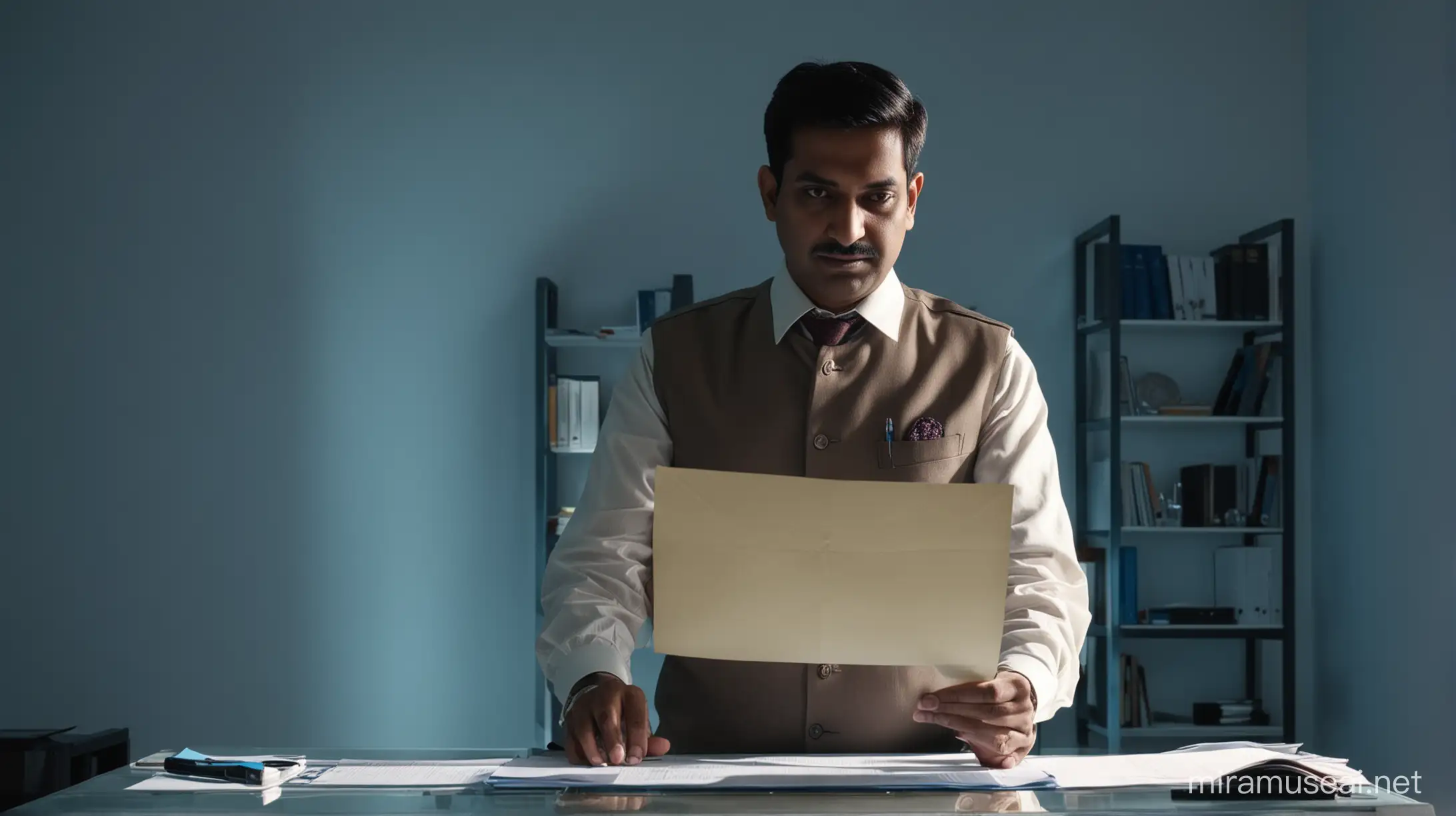 indian official man standing in office, letter in hand, blue backlight, shot from behind