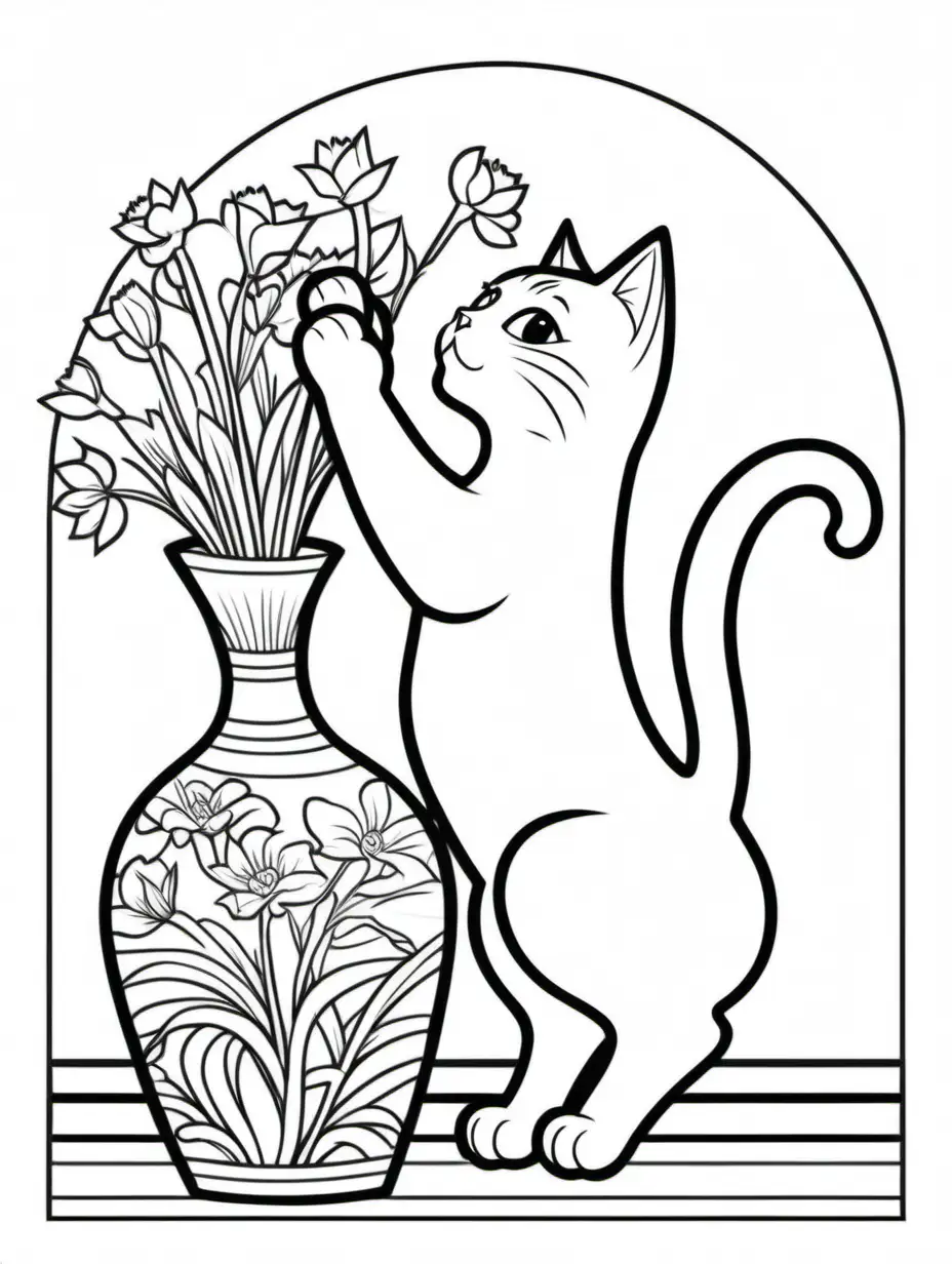 create a colouring page, cat knocking a vase over, arched back, low detail, thick lines, black and white, white background 