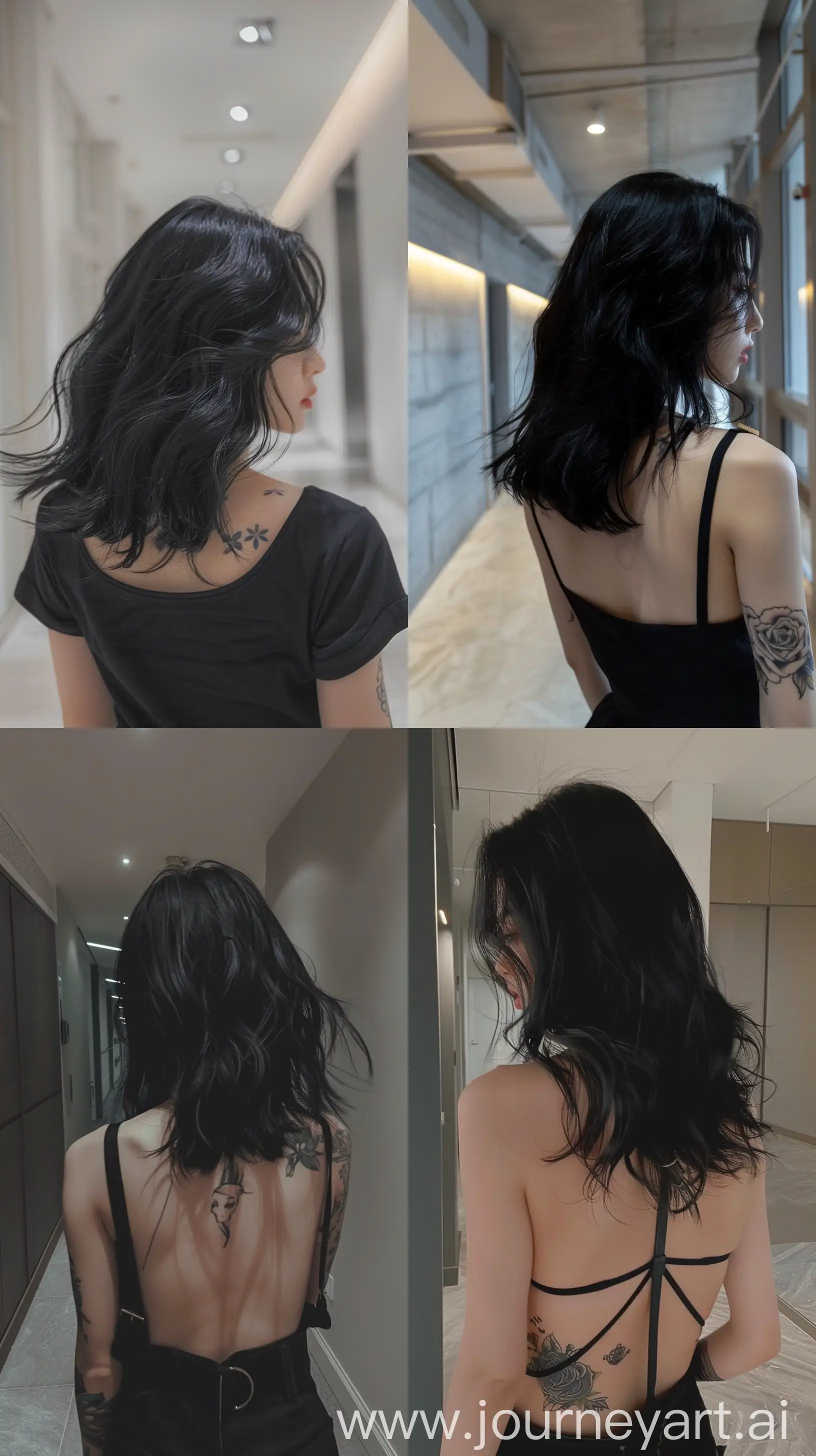 detailed aestethic selfie, blackpink's jennie, medium black hair, wavy, cute tattoo, walking inside empty modern apartment hall, back body, hiding face --ar 9:16