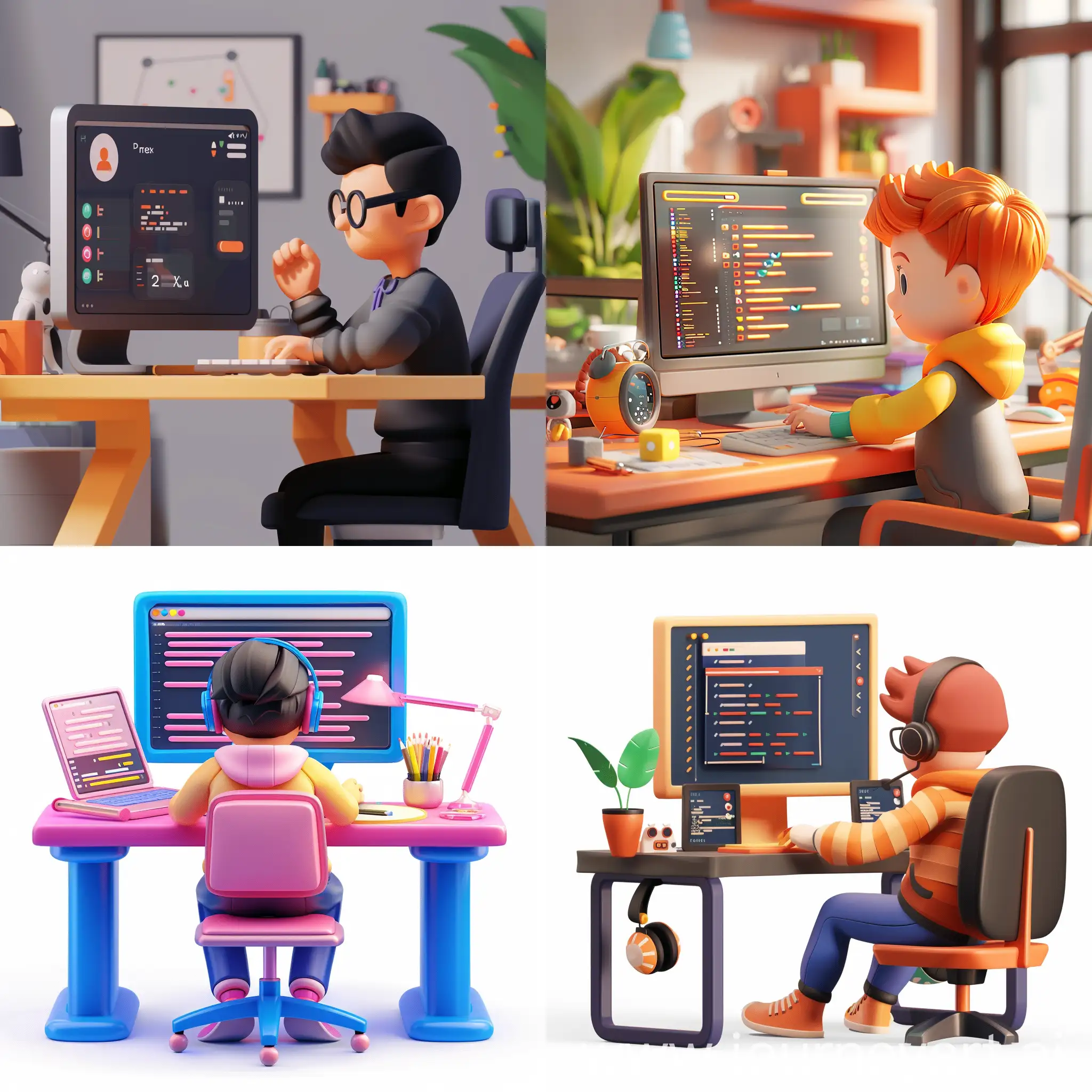 diseñador ui/ux en su escritorio programando, estilo playtoon 3d