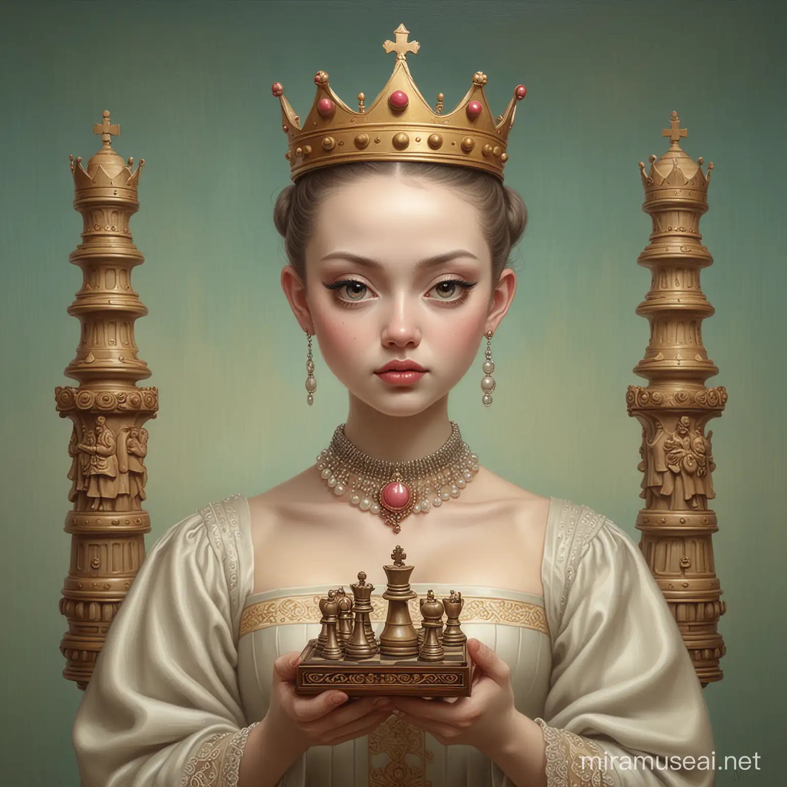 a painting of a woman, with crown, holding chess piece, mark ryden highly detailed, style of mark ryden, mark ryden style, yoshitomo nara, mark ryden in the style of, inspired by Mark Ryden, japanese pop surrealism, by Mark Ryden, japanese popsurrealism, jana brike art, by Jason Teraoka, lowbrow pop surrealism