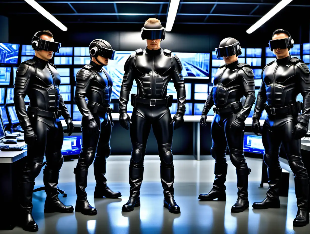 Full Body Portrait of 34 year old muscular male in black rubber skin tight futuristic police uniform, black leather boots. 
Slicked back black hair, clean shaven.
Background of image are large computer screens showing various parts of the human body. 
In front of them are 3 additional officers wearing identical rubber uniforms, but these 3 have VR Headsets and Helmets on their heads