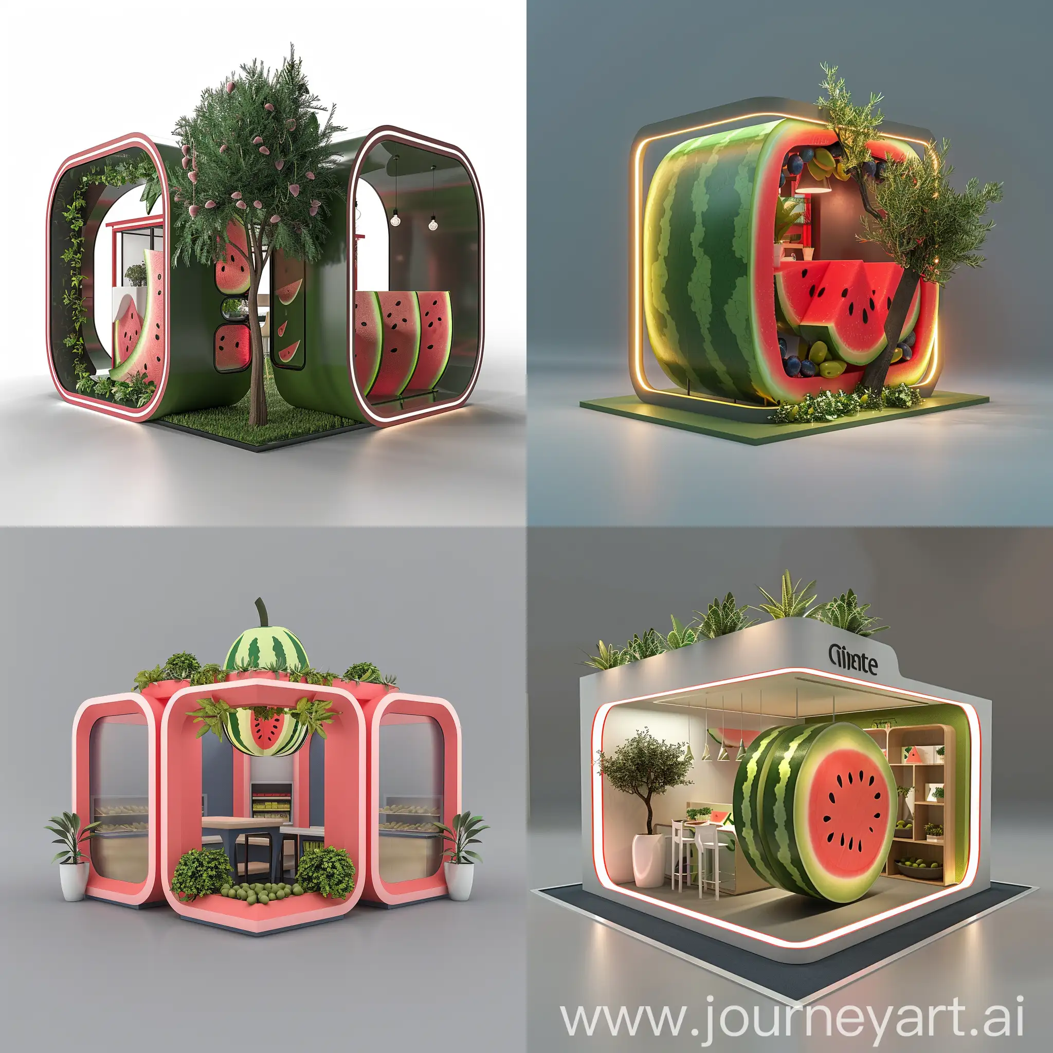 create a design for square booth with three faces for catering sponsors  with quarter watermelon shape on its side faces and totally opened in the front face and the back face is in the shape of olive tree with open area for air flow