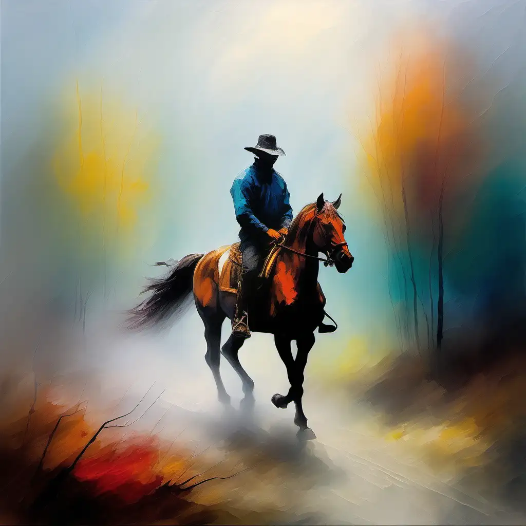 Dreamlike Lone Rider in Foggy Nature Expressive Impasto Painting