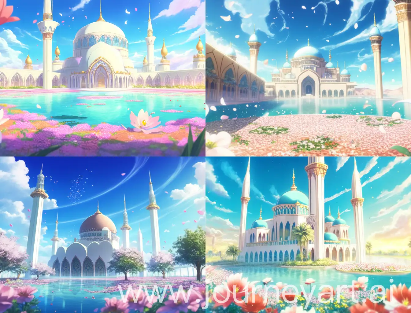 Makoto shinkai style, oasis, palm, sand, arabian style, colorful petals, lily pad, flower beside Oasis, glistening sunlight, Arabian mosque, blue sky, clouds, beautiful fantasy Arabian oasis , Egyptian mosque, butterfly, ultra hd, high quality, anime style.