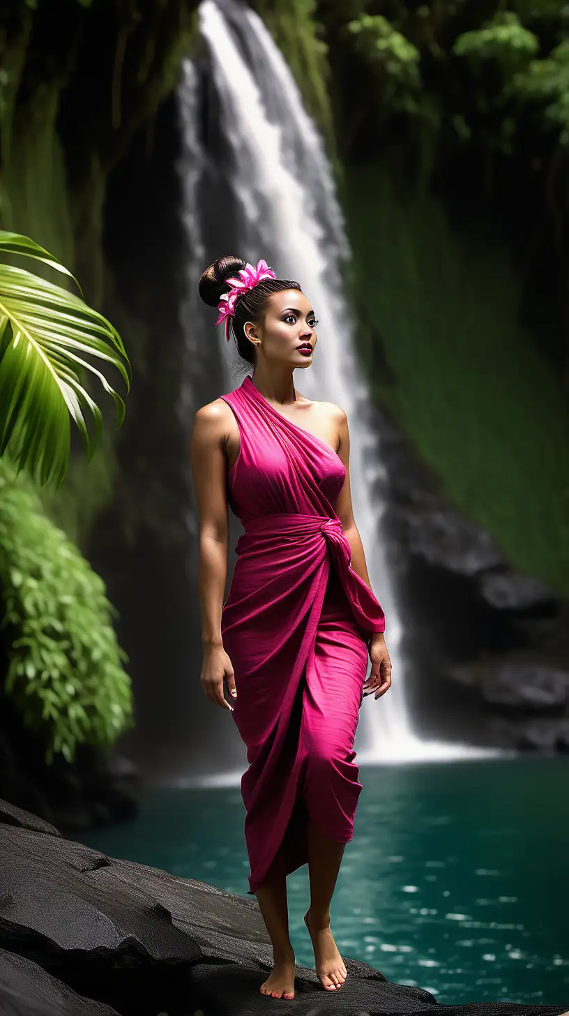 A slim realistic beautiful Polynesian female model with her hair in a bun wearing a dark pink traditional tropical dress walking near a waterfall showing a full body shot from the top of his head to his feet.