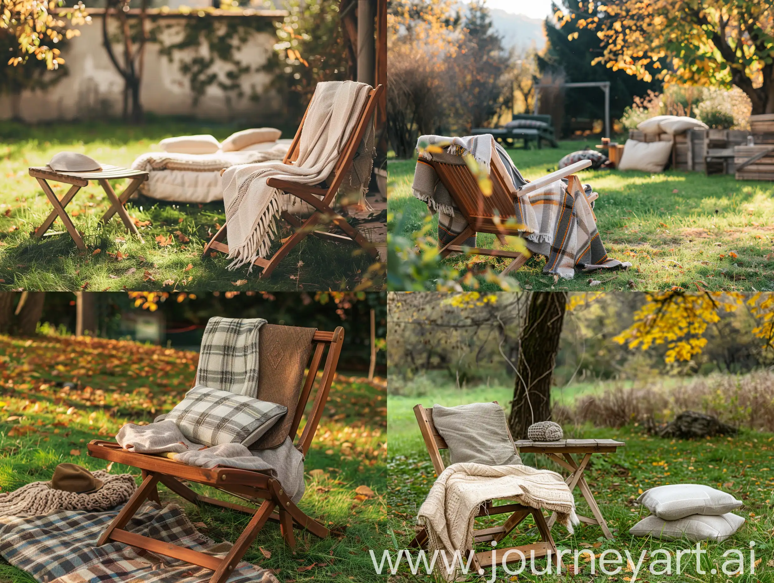 Outdoor garden wooden furniture at autumn nature, green grass. Nobody at home backyard with chair, lounge. Relax at outside terrace with blankets, pillows at retro, vintage decoration