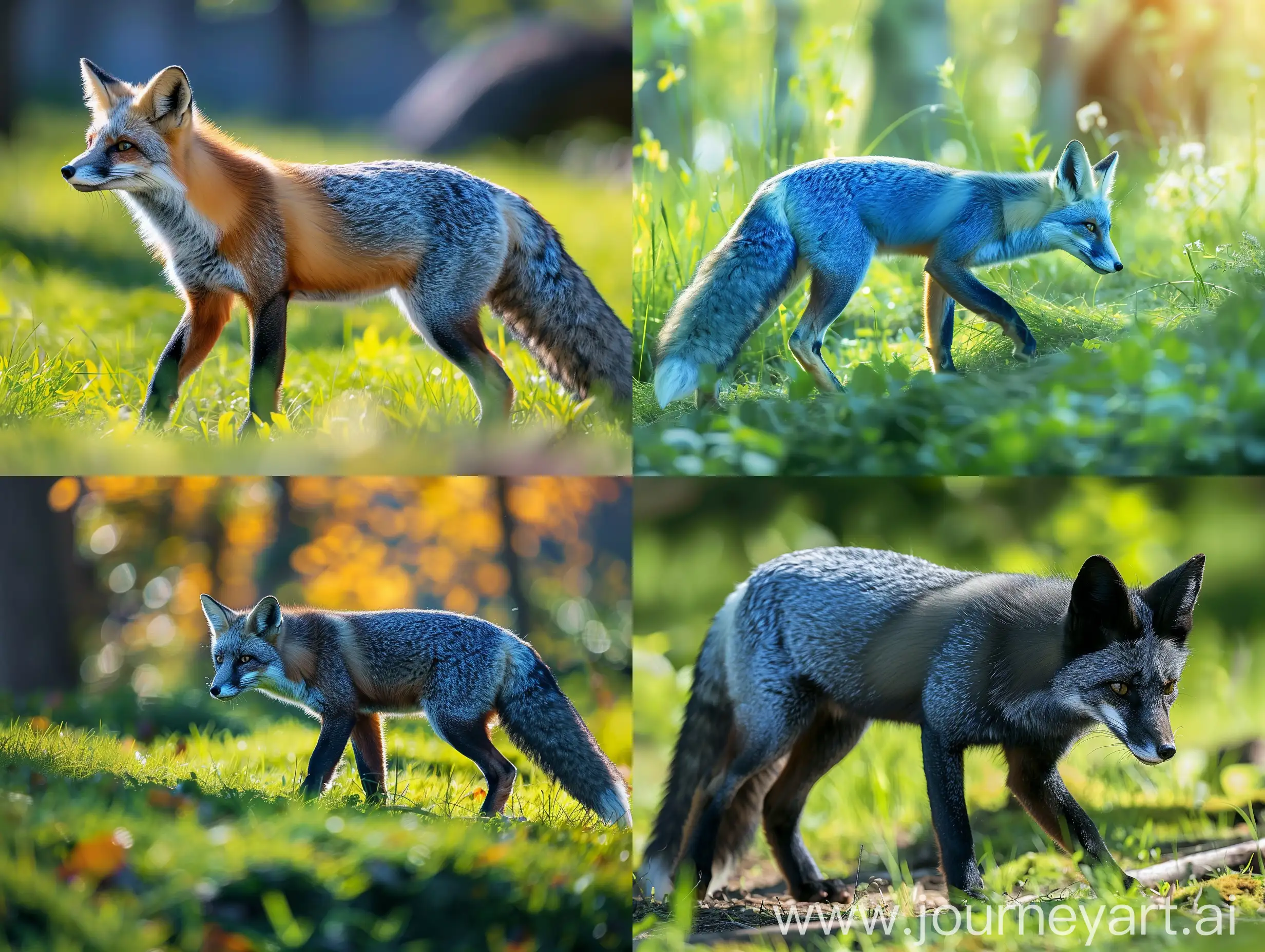 realistic picture of blue fox in the foreground walking on the green meadow in sunny day