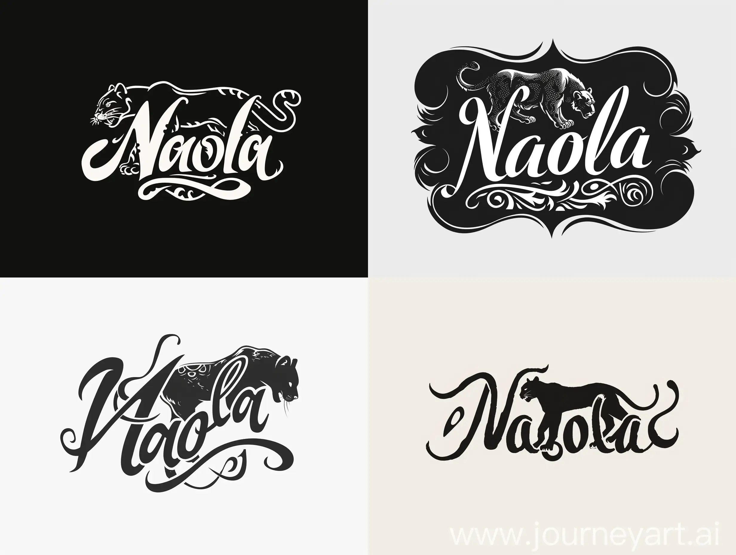 The logo is a calligraphic lettering with the inscription "Naola" and a silhouette of a panther. minimalistic logo design. 8k. Black and white colors. neat lines