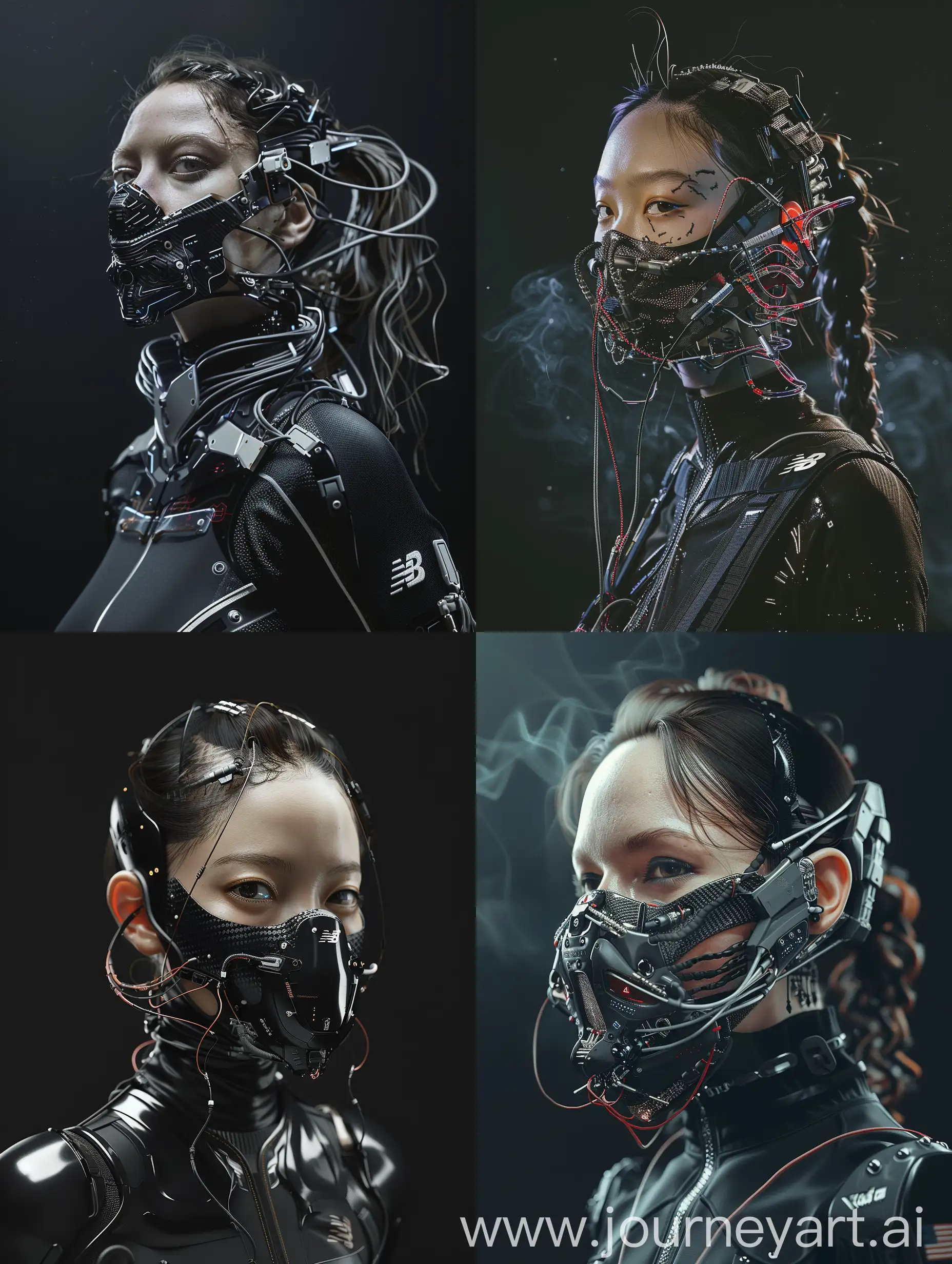 Against a sleek black backdrop, witness the captivating presence of a Beautiful characther adorned with a cybernetic mouth-covering mask. It seamlessly merges cutting-edge technology with intricate details, showcasing carbon fiber textures, sleek aluminum accents, and pulsating wires. Symbolizing the delicate equilibrium between humanity and machine, her appearance embodies the essence of a futuristic cyberpunk aesthetic, further accentuated by New Balance-inspired add-ons. With dynamic movements reminiscent of action-packed film sequences, accompanied by cinematic haze and an electric energy, she exudes an irresistible allure that commands attention