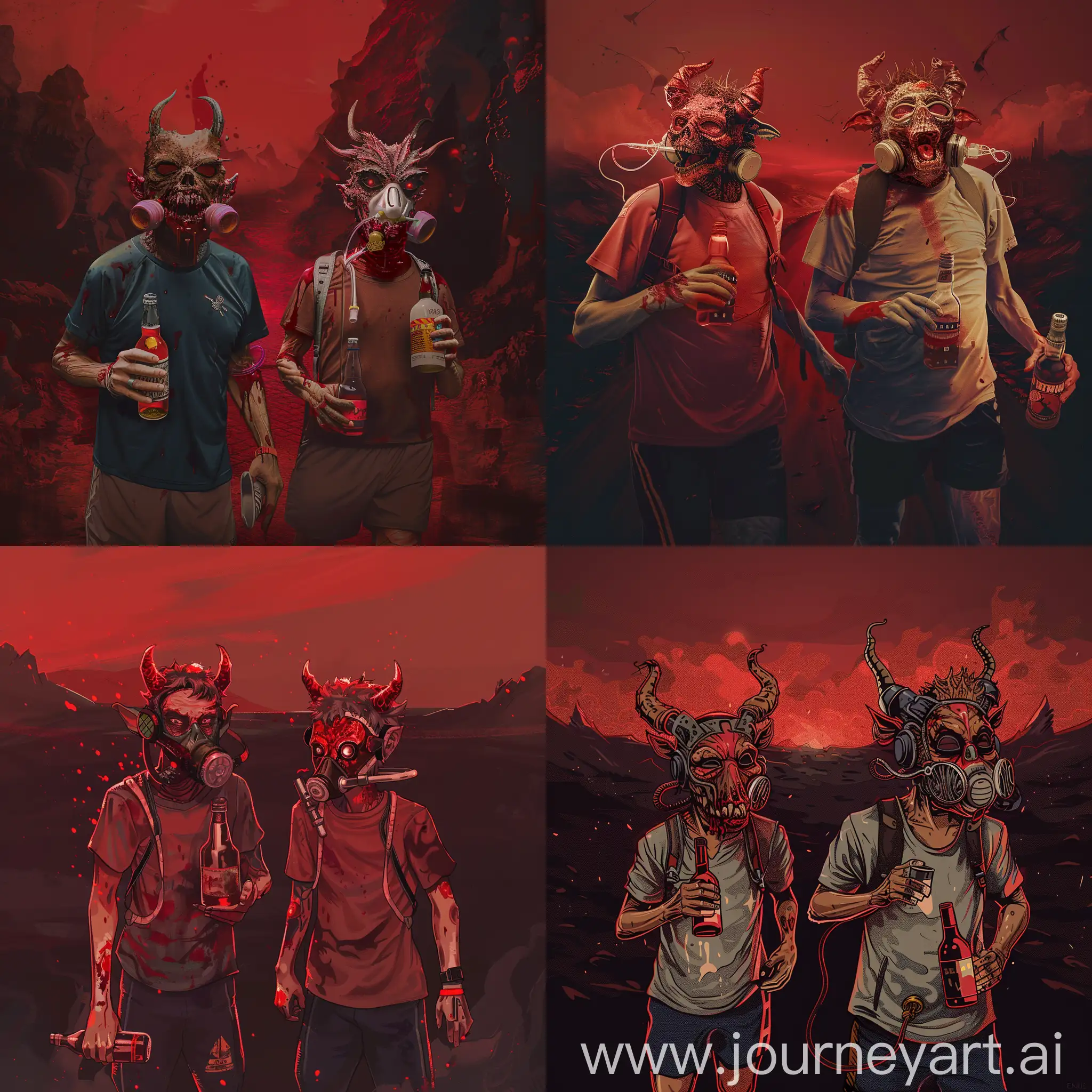 Creates a world in dark red and empty hell with 2 lost humans, the 2 humans wear a demon mask and have a bottle of alcohol in their hands, they are dressed in jogging t-shirts and one wears an oxygen mask