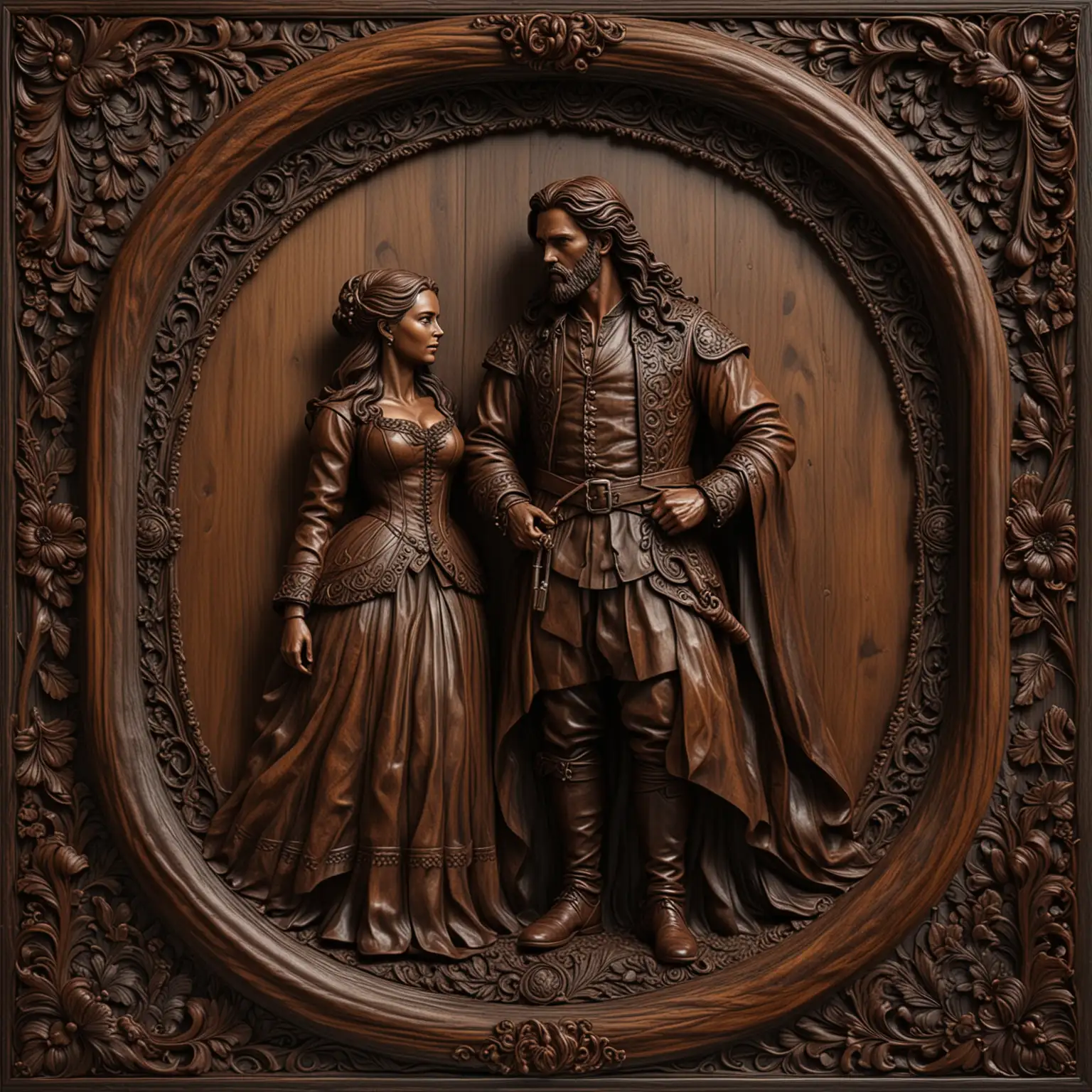 seamless 3d highly detailed and  carved dark wood panel with dark wood ornate frame with a woman and man full length in the theme of 'outlander' Man wearing full highland dress


 





