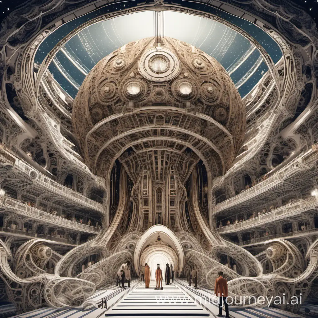 spaceship opera with intricate details in clothing and architecture