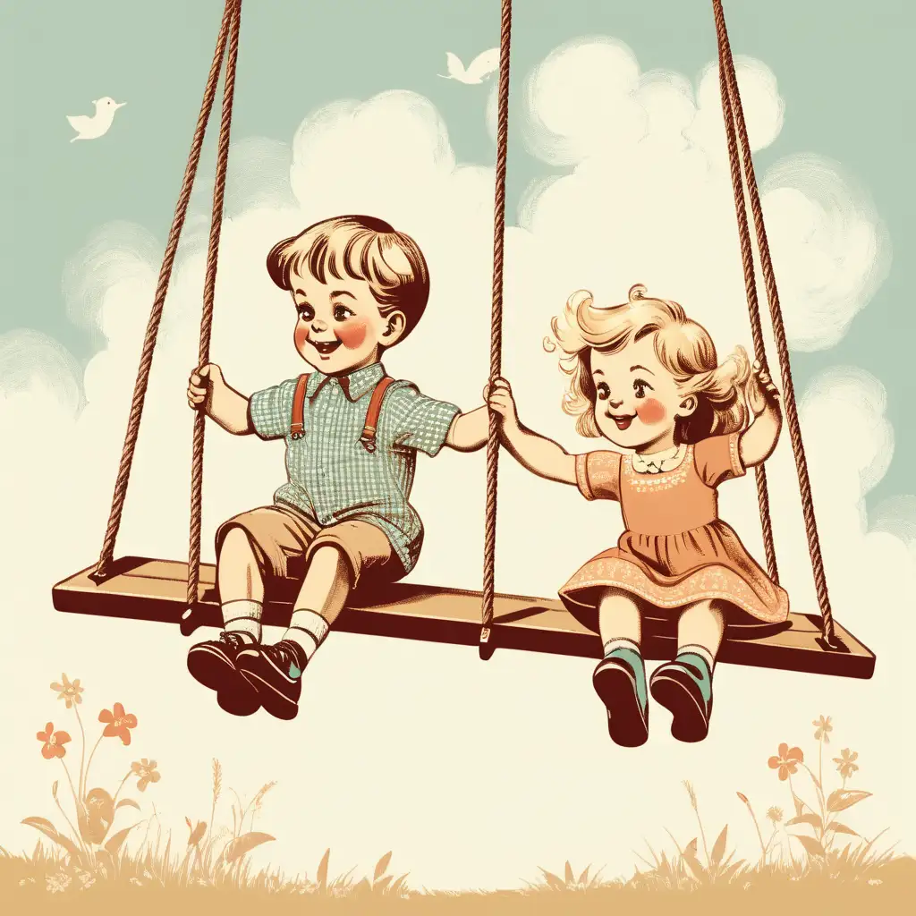 three year aged boy and a  girl swing on see-saw in vintage colours