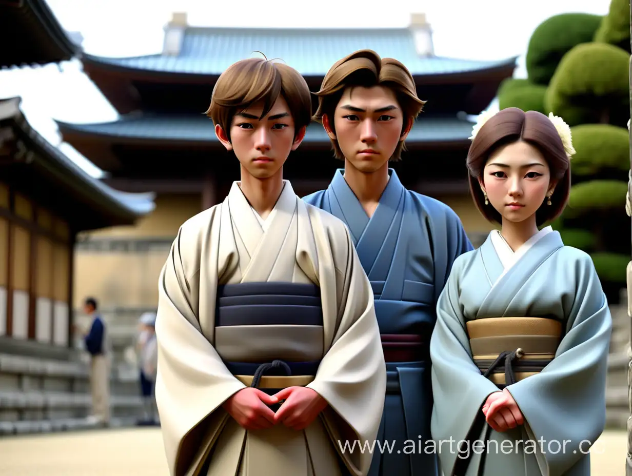японский парень 16 лет, рядом с родителями у дворца древние времена
