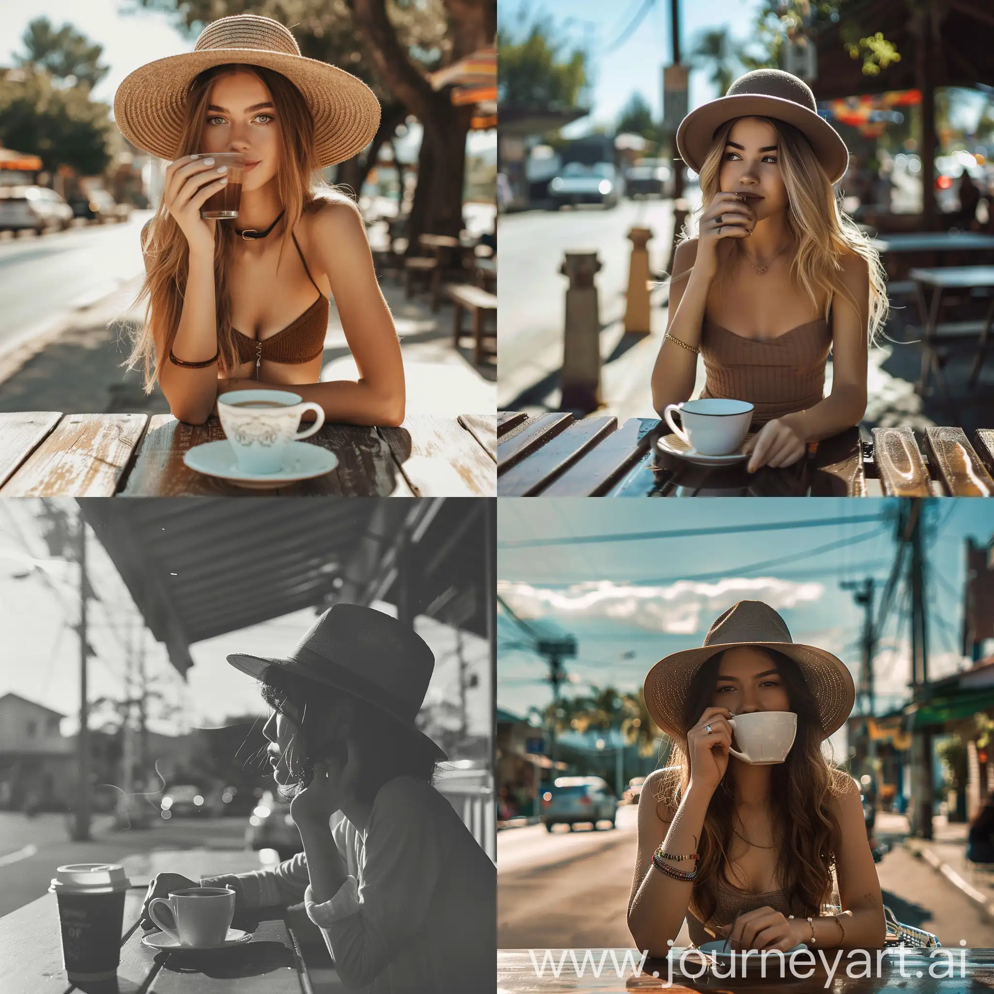 Young-Woman-Enjoying-Coffee-at-Sunny-Roadside-Cafe