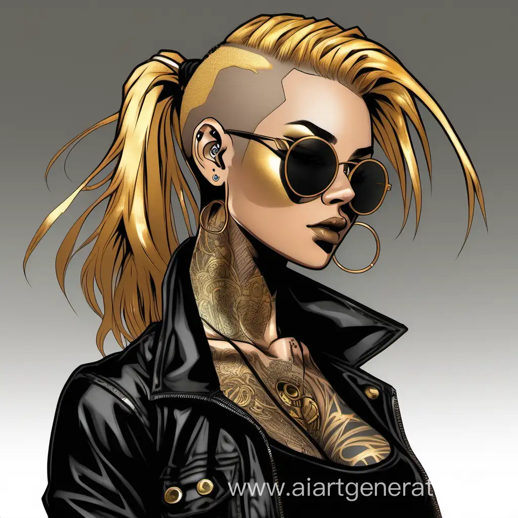 Athletic body, toned ass, golden punk hair, black jacket with black shirt, black trousers, golden tattoos, black ring in nose, black tunnels in ears, piercing, black sunglasses, female character