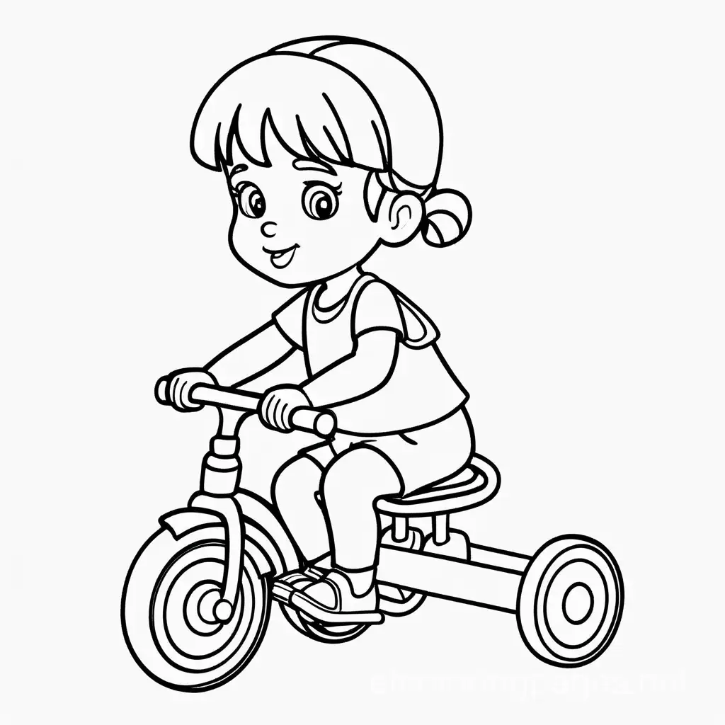 a small girl driving tricycle

, Coloring Page, black and white, line art, white background, Simplicity, Ample White Space. The background of the coloring page is plain white to make it easy for young children to color within the lines. The outlines of all the subjects are easy to distinguish, making it simple for kids to color without too much difficulty