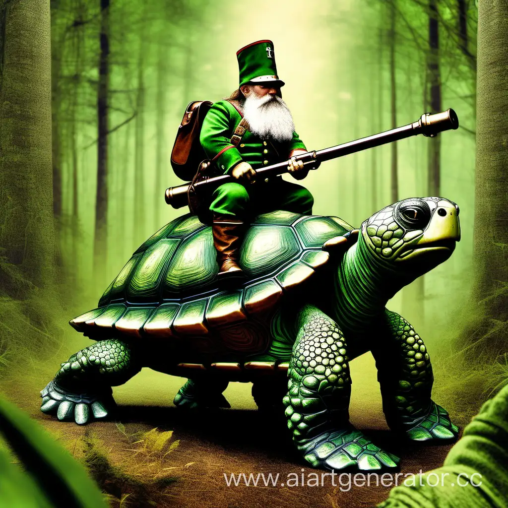  Dwarf Confederate 1880 in green uniform riding gigante turtle with cannon in forest