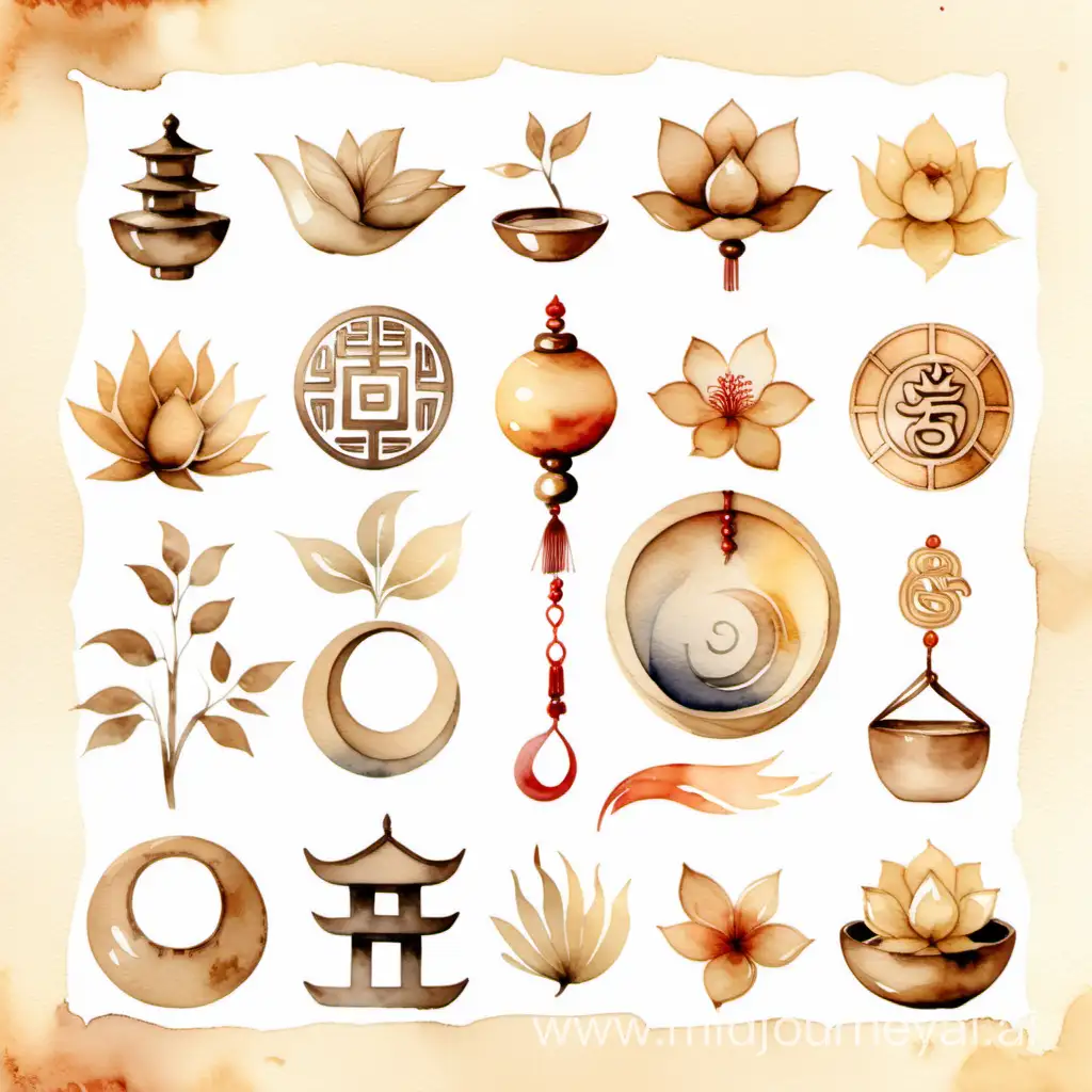 Serene Watercolor Depictions of Beige Feng Shui Icons
