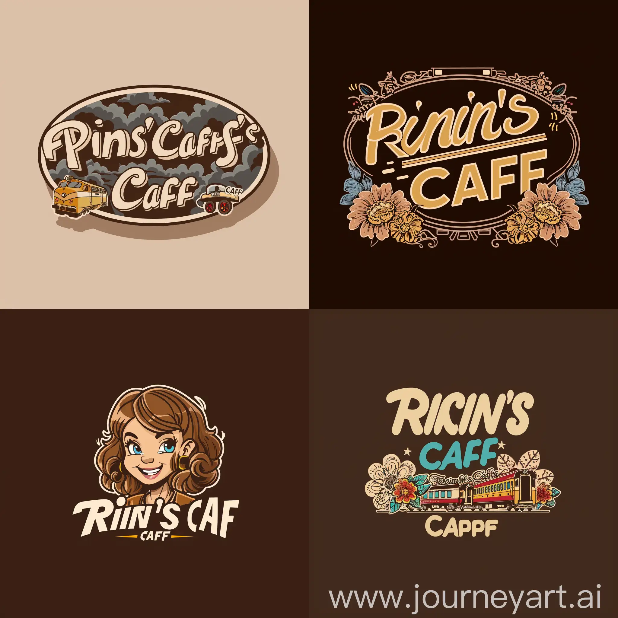 cartoony 70's style logo for a coffee shop called "Train's Cafe"