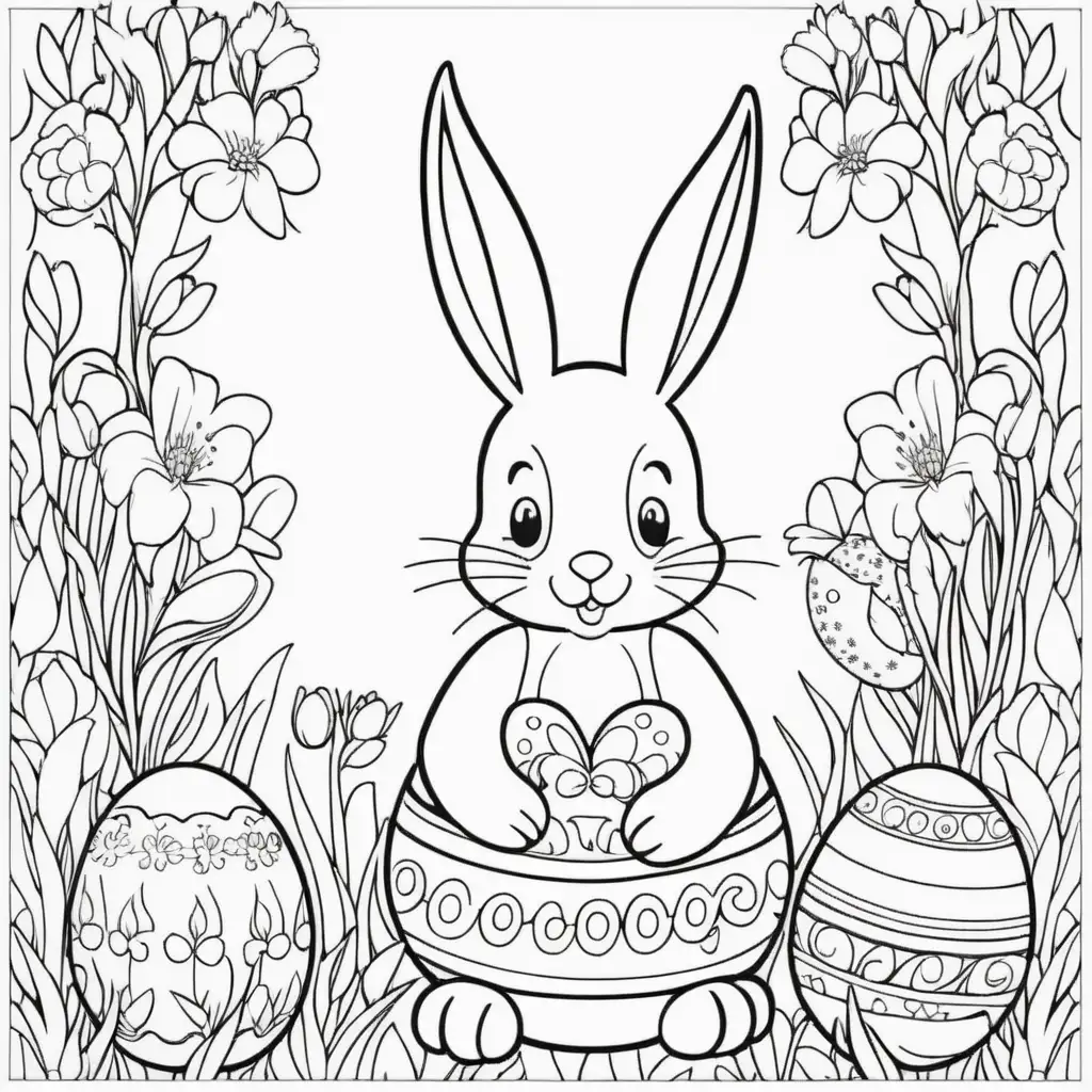 Whimsical Easter Coloring Book Cover with Adorable Bunnies and Vibrant Eggs