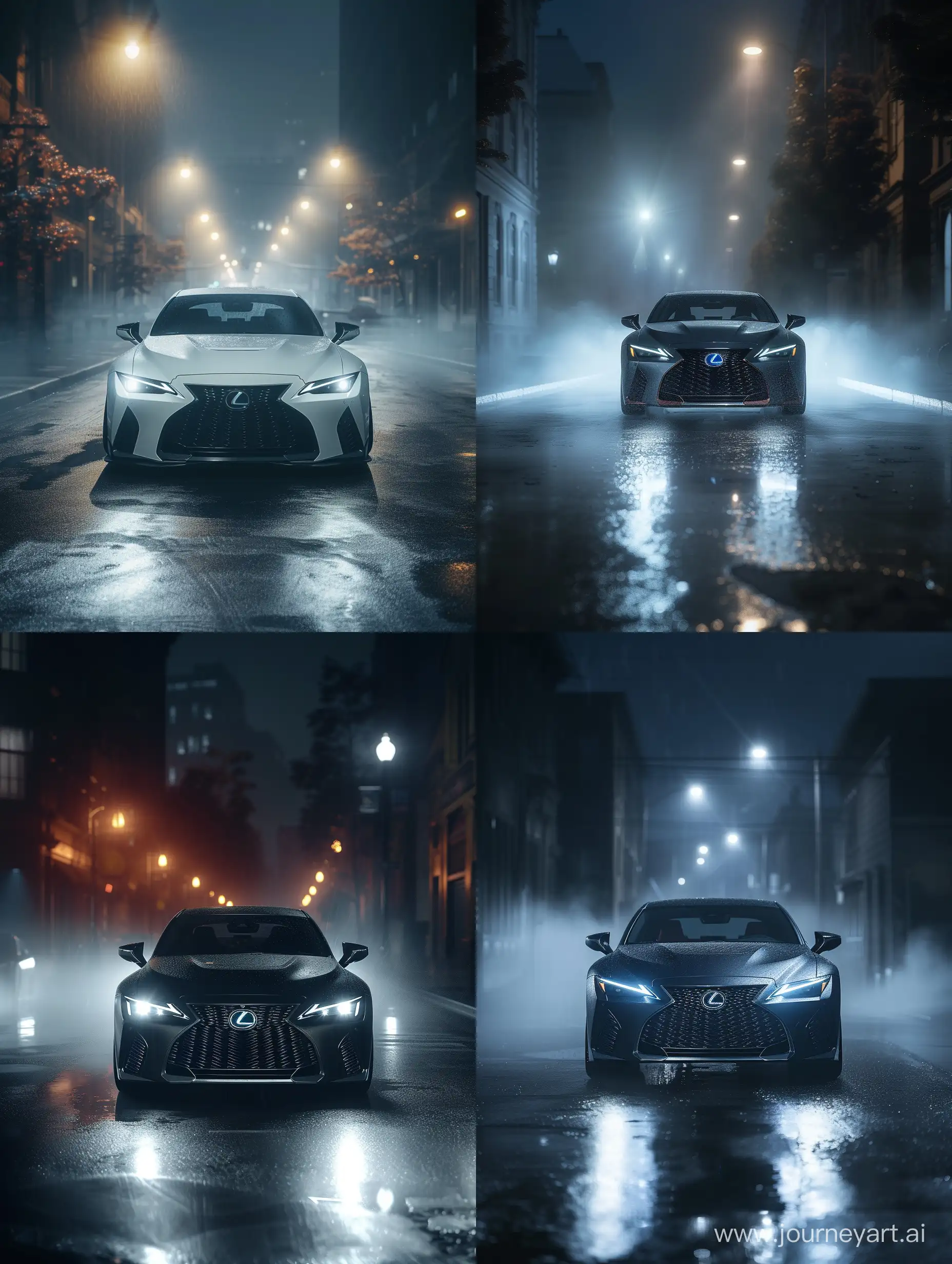 Lexus is500 f sport 2022 standing on a dark street at night, with headlights on, rainy weather, fog, cinematic aesthetics hd hq 8k