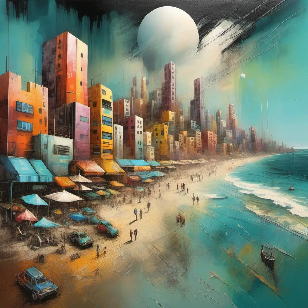 Mixed media interpretation of a futuristic beach town landscape with vibrant colors and distinct brushstrokes, bipolar , textured, atmospheric, Bruno Amadio style, G. Bragolin style