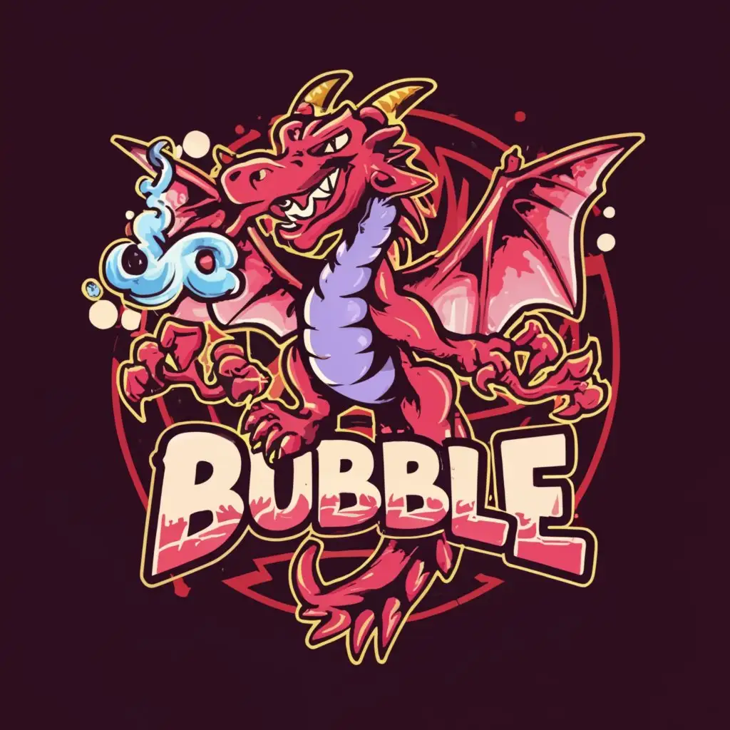 a logo design, with the text 'BUBBLE', main symbol: A red and evil winged dragon with a purple and magical aura. The logo is round and decorated with marijuana flowers and mushrooms. The dragon is dressed as a drug dealer., complex, clear background