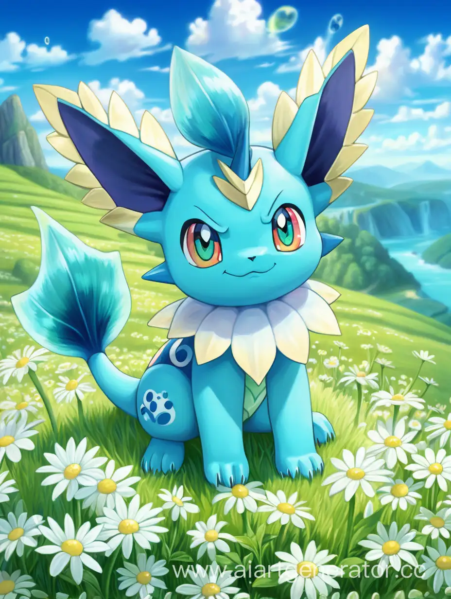 Vaporeon fith pokemon sits on a green flower hill. with daisies. Beautiful nature, darling
