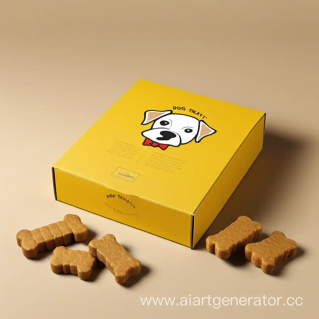 сделай дизайн упаковки лакомств для собак в виде прямоугольной желтой коробки 