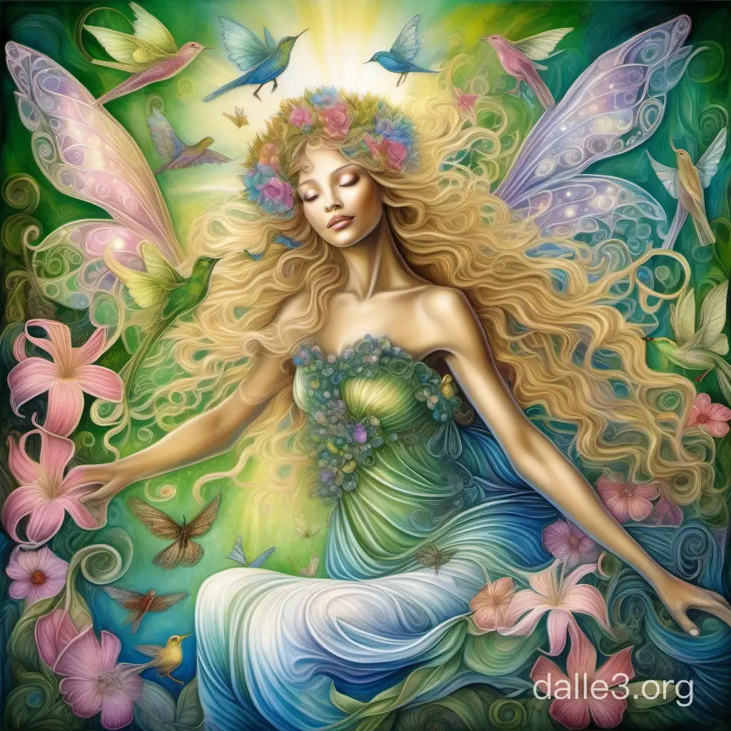 In the style of Josephine Wall, a wonderful paradise garden, a realistic delicate fairy flies over the flowers sitting full-length, wavy golden hair flowers and birds whirl on the head, curls, white dress, stream, photorealistic identical eyes and body, delicately, gracefully. Green, pink, blue, fabulous, mystical, magical, clear contour drawing