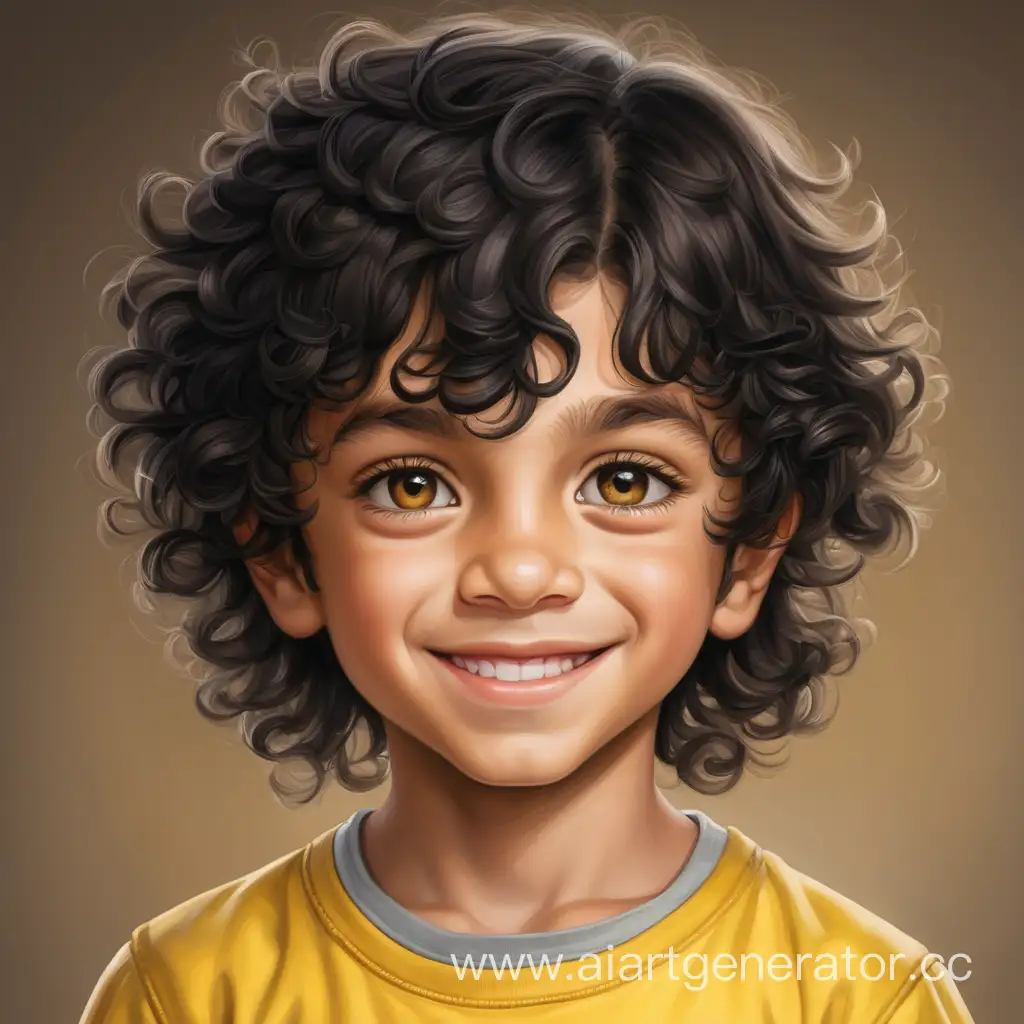 Aria, an 8-year-old boy with a handsome face, thick curly black hair, and dressed in yellow attire. 