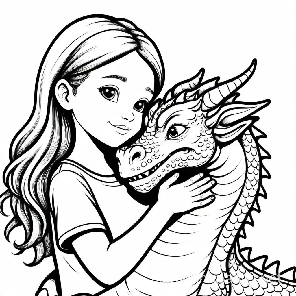 A girl cuddling a dragon, Coloring Page, black and white, line art, white background, Simplicity, Ample White Space. The background of the coloring page is plain white to make it easy for young children to color within the lines. The outlines of all the subjects are easy to distinguish, making it simple for kids to color without too much difficulty