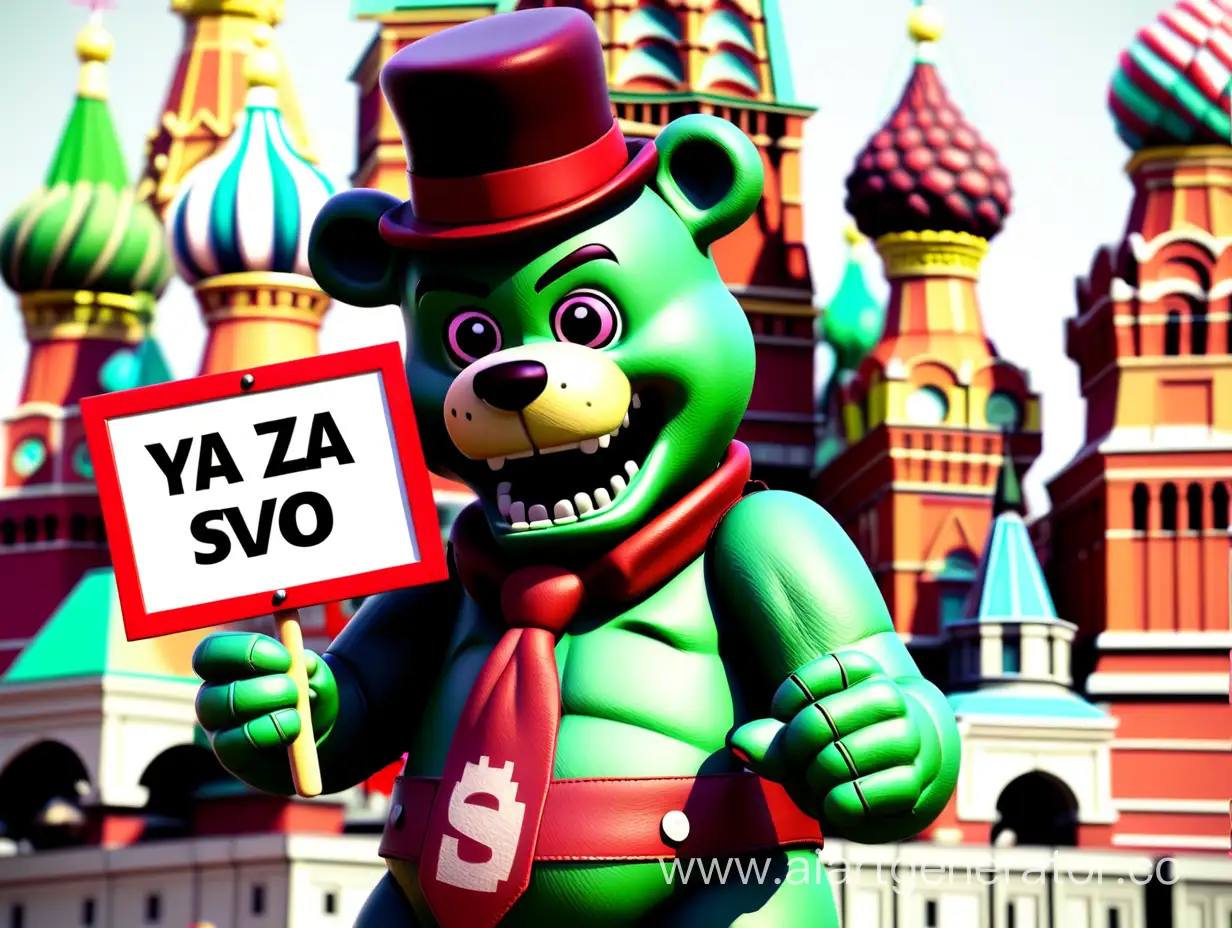 Фредди Фазбер держит табличку на которой написано "YA ZA SVO" на красной площади с зелеными медведями
