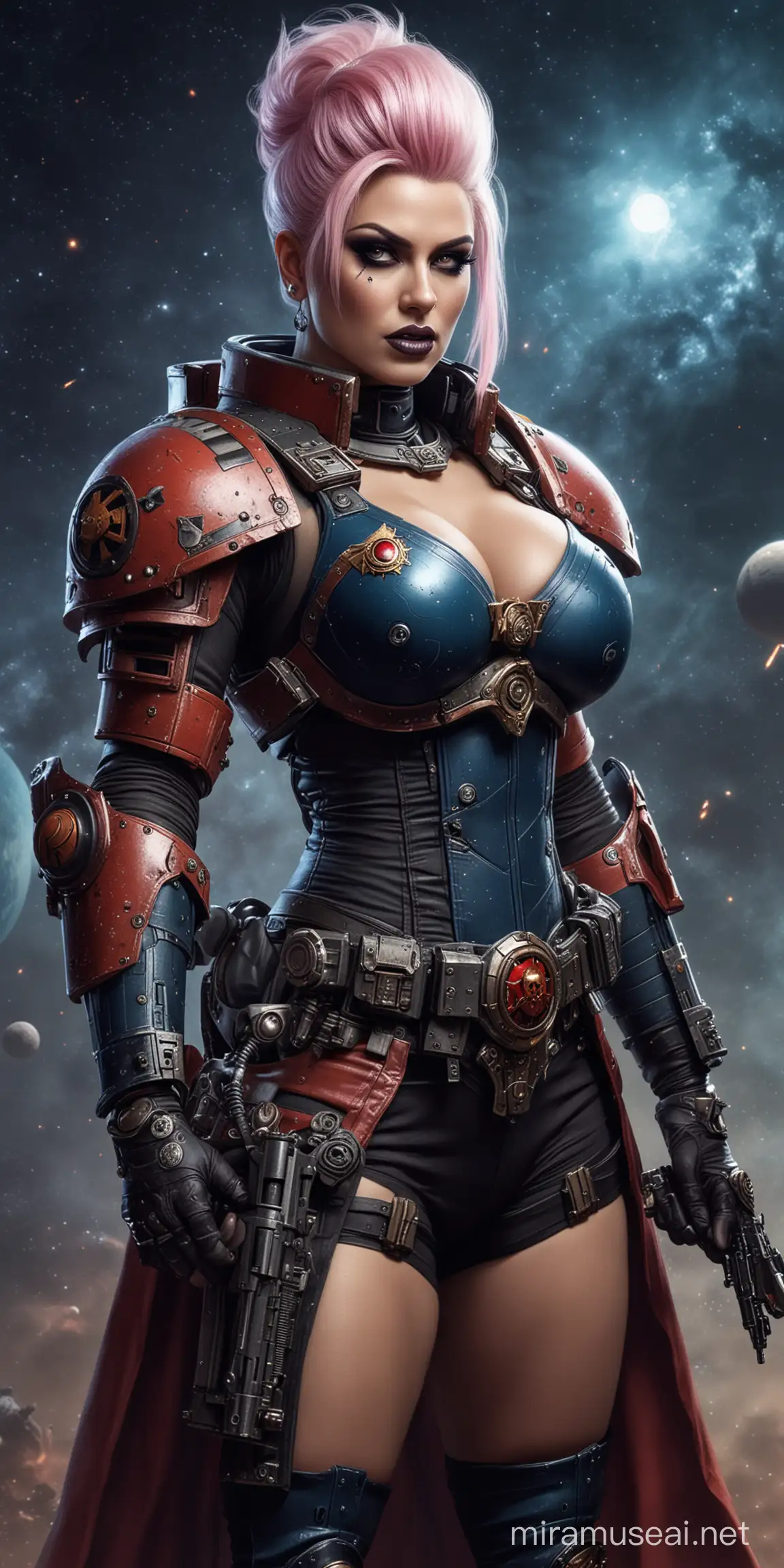 Adeptus Astartes, drag queen, fierce, busty Space Marine, space background, grimdark