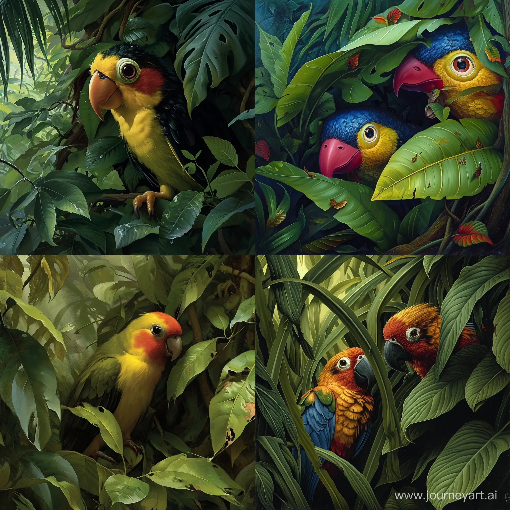 tropical birds in the jungle hiding behind leafes, in the style of realistic fantasy artwork, tim burton, brian froud, alex alemany, mark keathley, wandering eye, wimmelbilder,painted illustrations