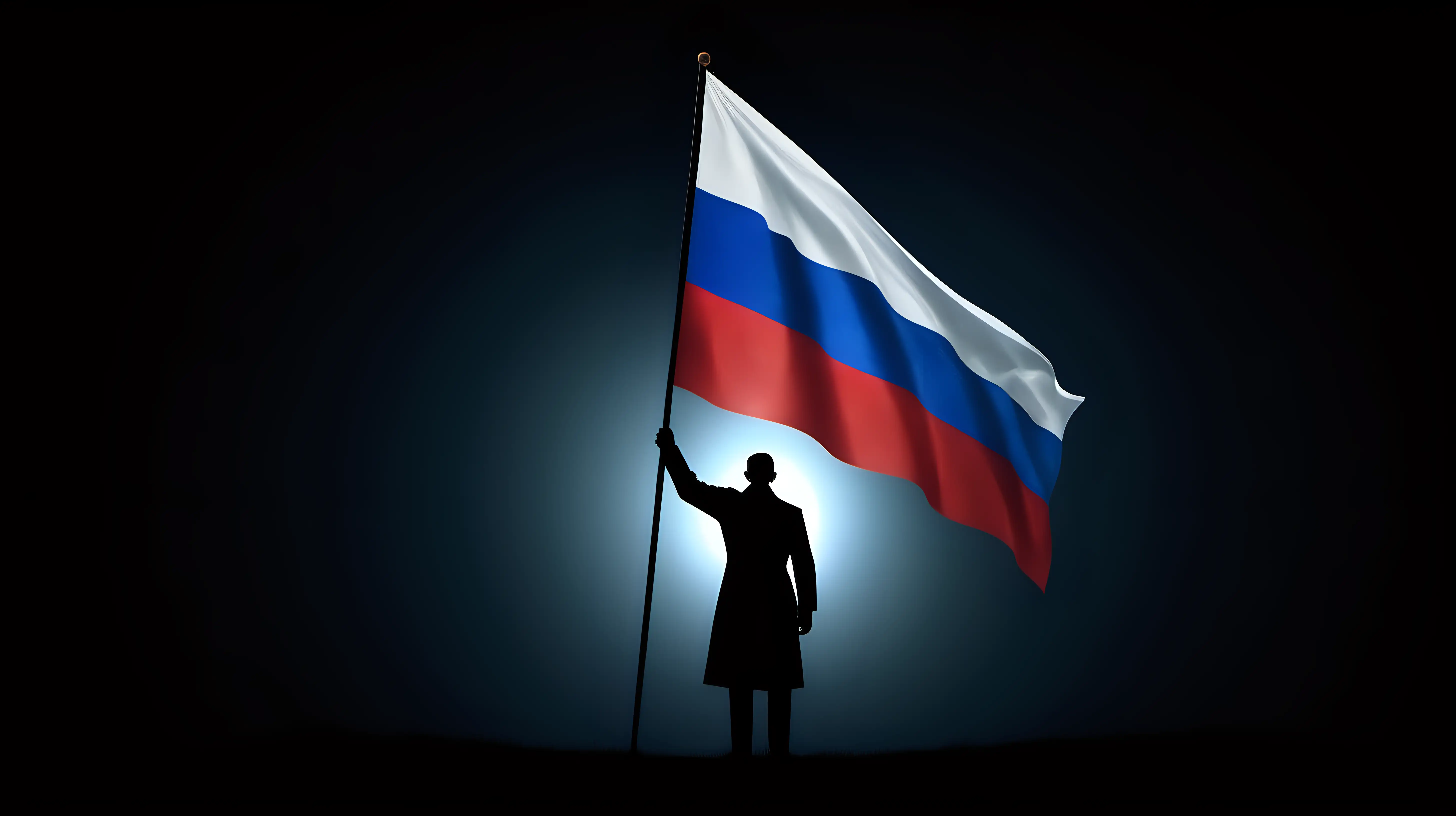 Illustrate the depth of national pride as a silhouette holds a glowing Russian flag in the darkness, highlighting the symbolic brilliance of their patriotism.