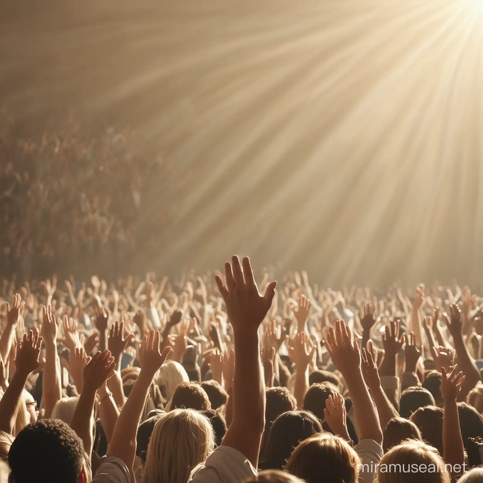 create an image of a crowd of people in a worship service. The people have their arms raised in praise. Make the image with a soft-focus natural background and natural lighting, ultra-fine detail, digital render, high definition, high quality, 16k resolution. Make the image in landscape mode.