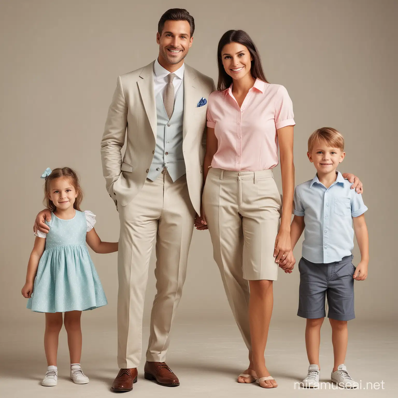 Stylish Family Portrait Handsome Man with Wife and Children in Elegant Attire