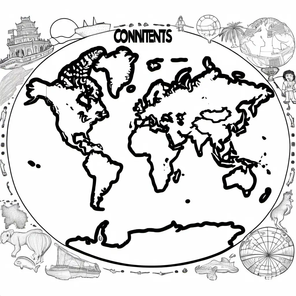 continents of the world, Coloring Page, black and white, line art, white background, Simplicity, Ample White Space. The background of the coloring page is plain white to make it easy for young children to color within the lines. The outlines of all the subjects are easy to distinguish, making it simple for kids to color without too much difficulty