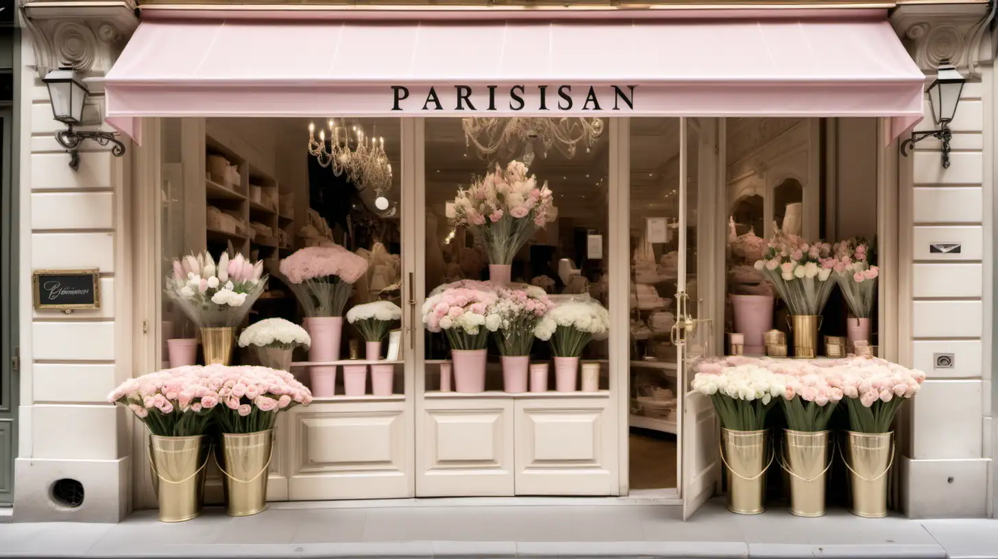 Parisian shop with elegant french doors; beige, oak, brass, ivory, soft pink colour palette; buckets of flowers out the front; dress displays in the window
