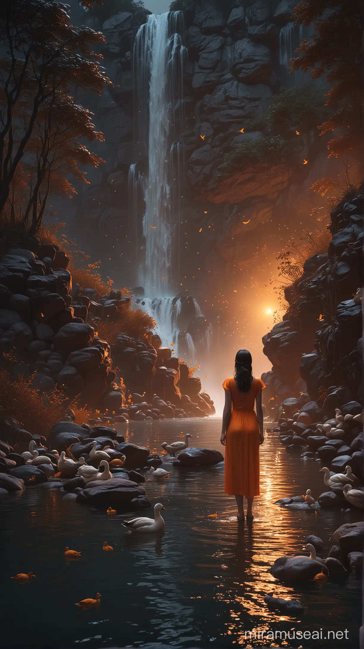 3D 8k mininal realistic illustrator mininal woman beside the water fall with ducks shinning and glittering at the midnight with her orange light dress