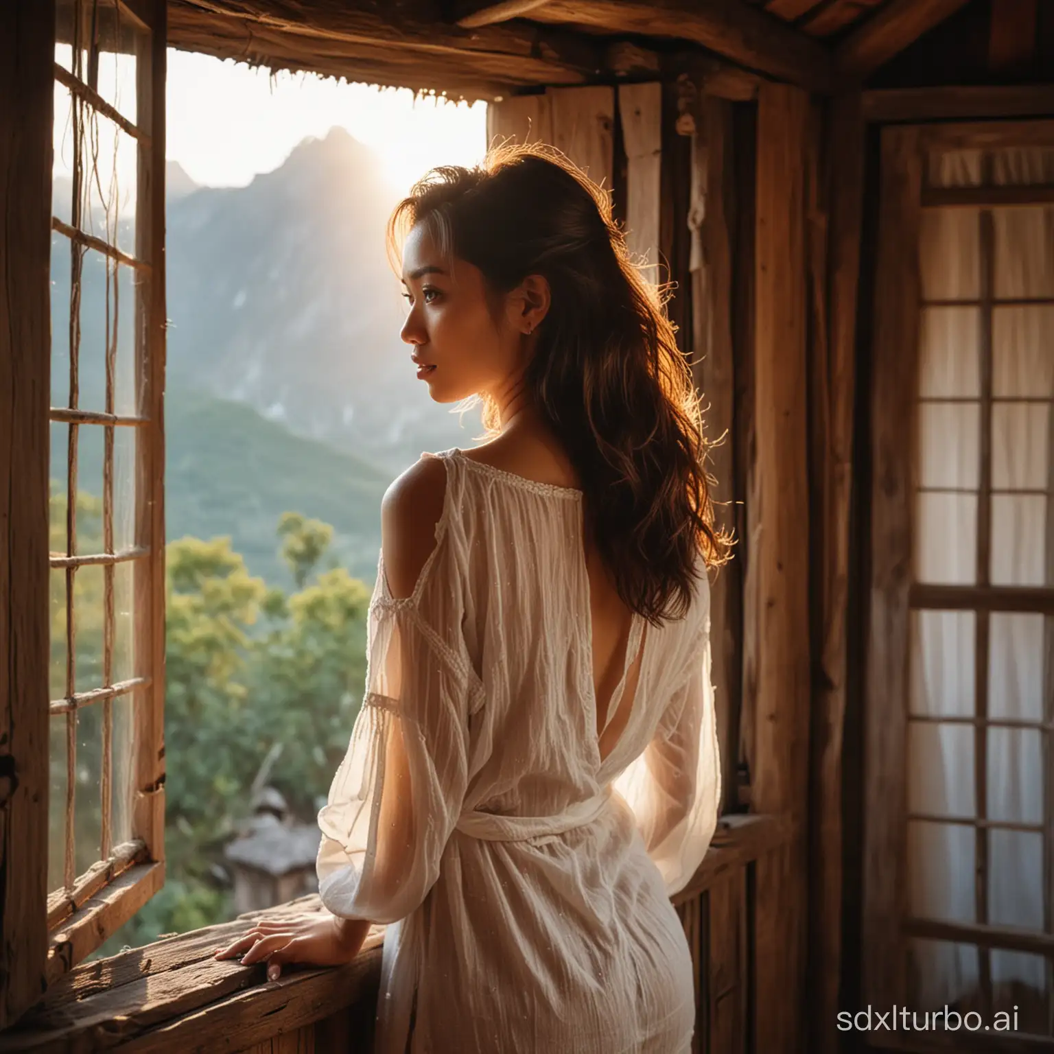 A professional portrait photo of a young Filipina woman with her back facing the viewer, taken inside a medieval wooden hut with a big window. She is facing the window, revealing a majestic view of a mountain range with morning mist and a mesmerizing sunrise. She is wearing a oversized, transparent and torn cotton shirt. The setting is medieval, with messy morning hair, candle lights, and soft lighting. The photo is soft, sexy, and revealing with film grain and bokeh. Her thick, naked legs are partially showing her ass. The photo is taken from behind her with soft lighting.