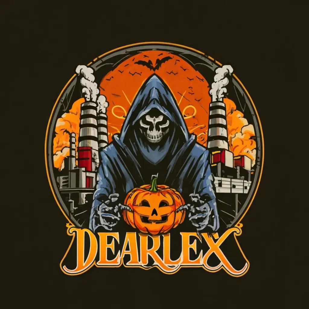 a logo design,with the text "DearLexx", main symbol:a grim reaper wearing a gas mask holding a pumpkin with a nuclear powerplant in background,Moderate,clear background