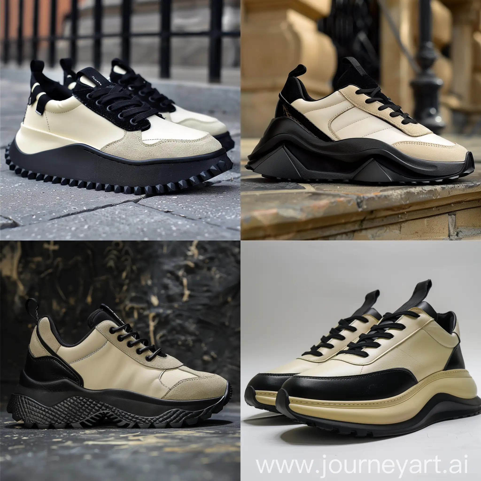 Sneakers design , inspiration by Ancient Egypt cultureand turtle shape , big chunky rubber midsole , black midsole , chunky , trendy , color black/cream , verne black line around the top of sneakers 