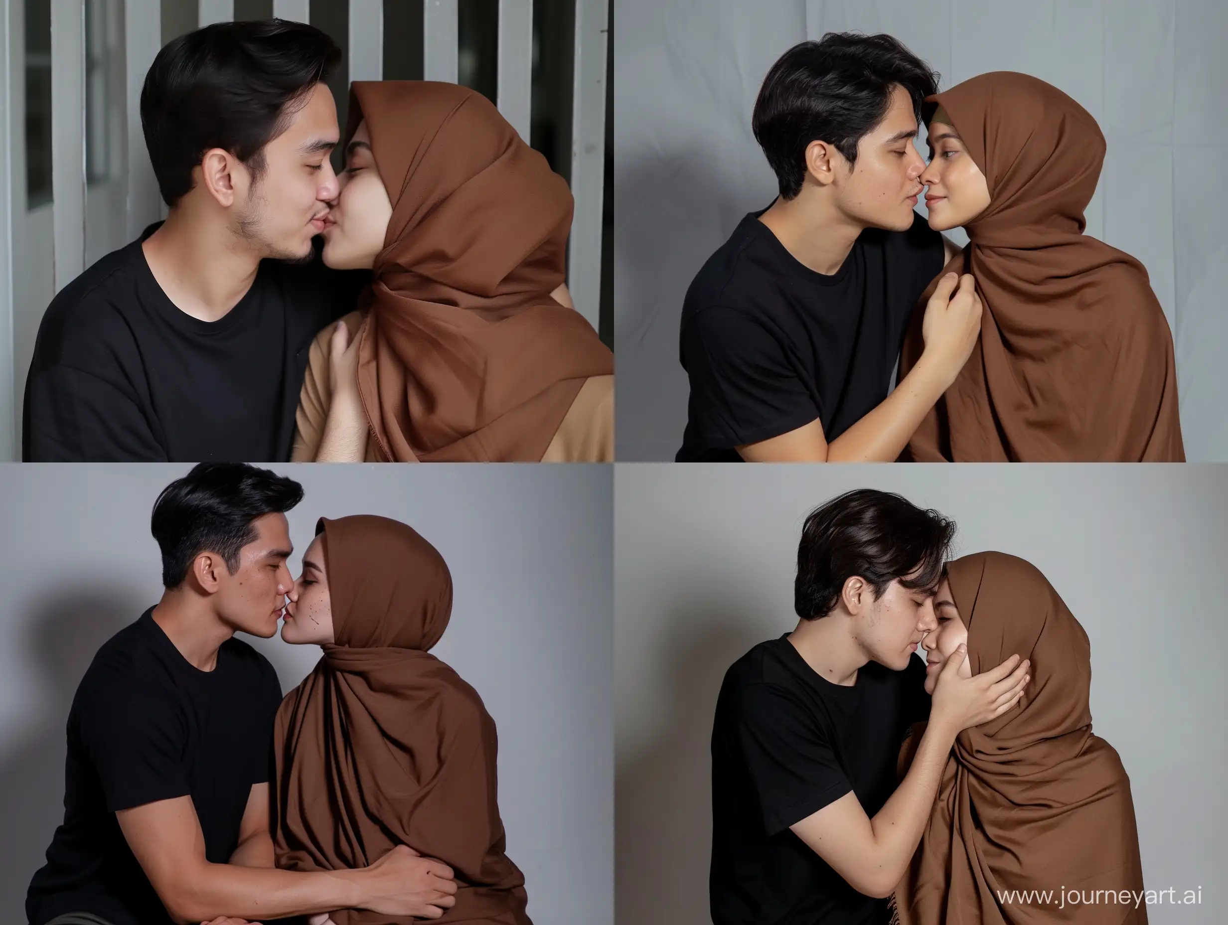 A 30 year old young man wearing a black t-shirt and a 29 year old Indonesian woman wearing a brown hijab, are making out, front view, movie horor scene